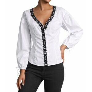 Milly White Black Floral Applique Trim Blouse Cotton V Neck Long Sleeve Sz 2
